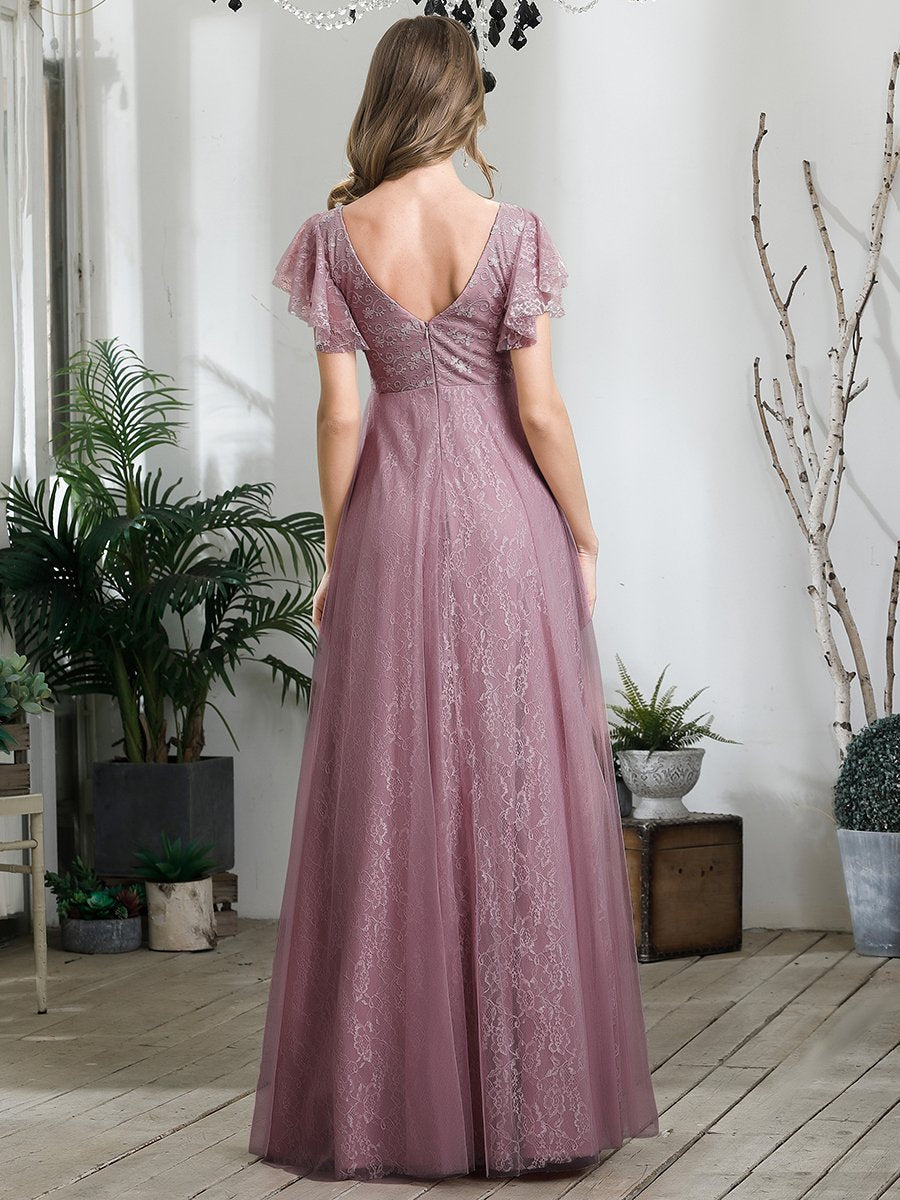 Elegant V-Neck Floor Length Gown with Ruffle Sleeves