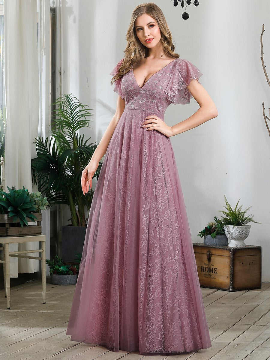 Elegant V-Neck Floor Length Gown with Ruffle Sleeves