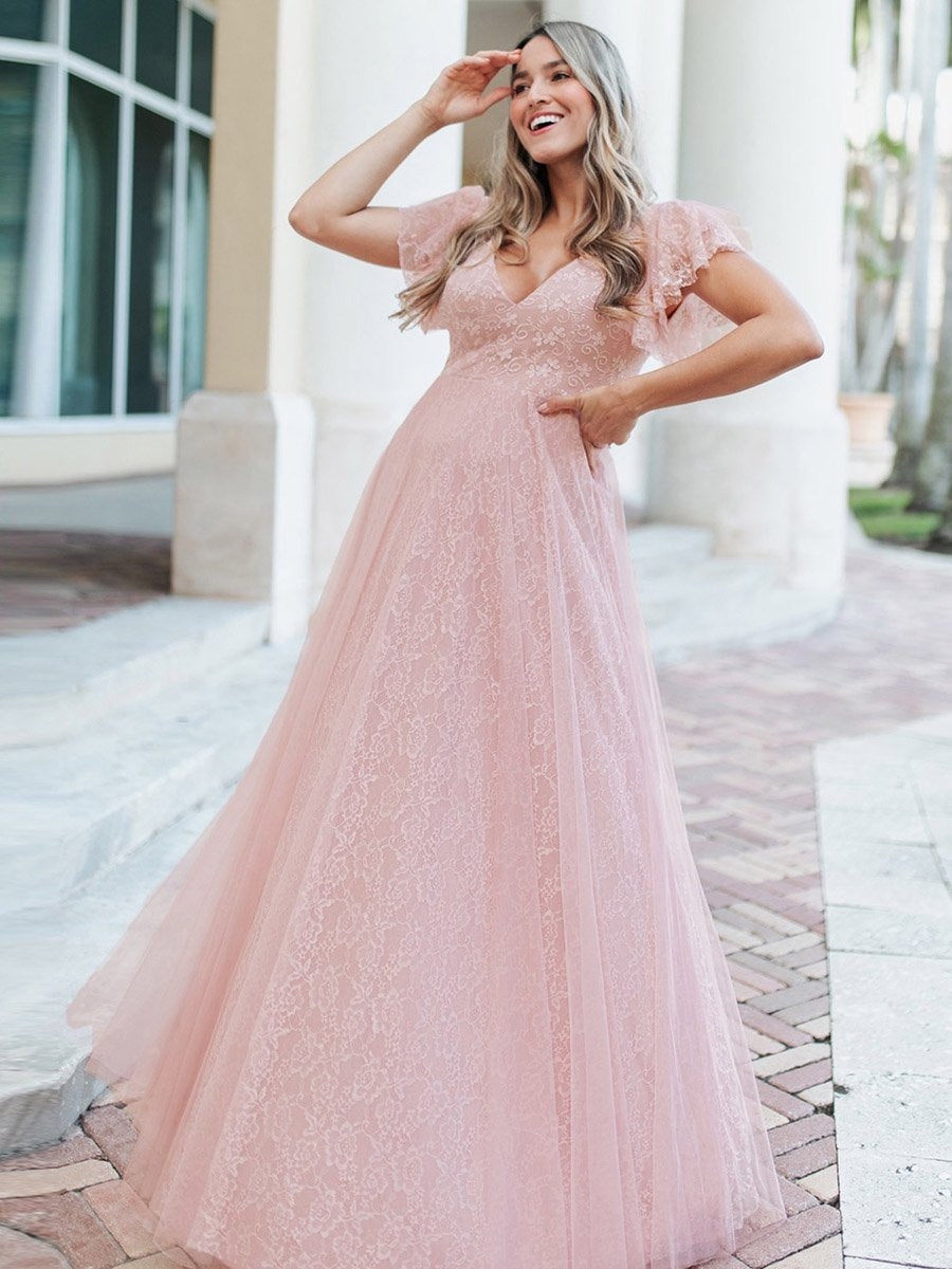 Elegant V-Neck Floor Length Gown with Ruffle Sleeves