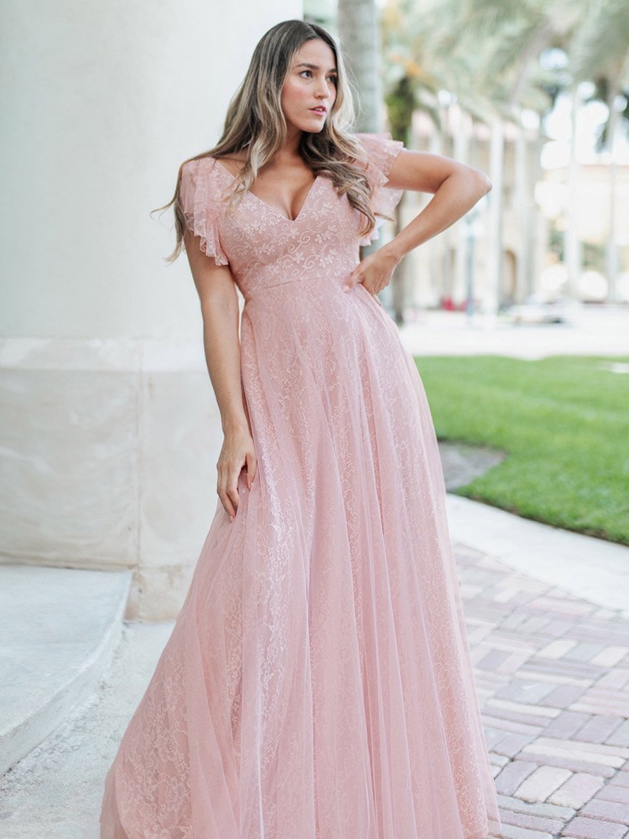 Elegant V-Neck Floor Length Gown with Ruffle Sleeves