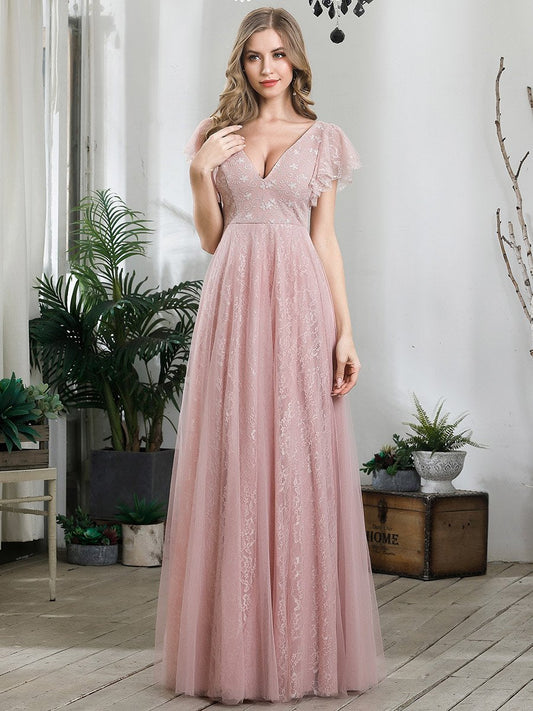 Elegant V-Neck Floor Length Gown with Ruffle Sleeves