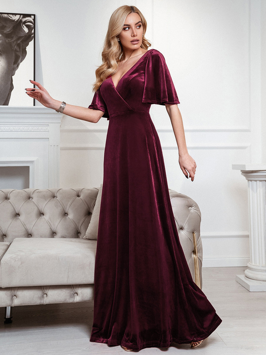 Elegant Brick-Red Velvet Evening Dress with Ruffles Sleeves for Women