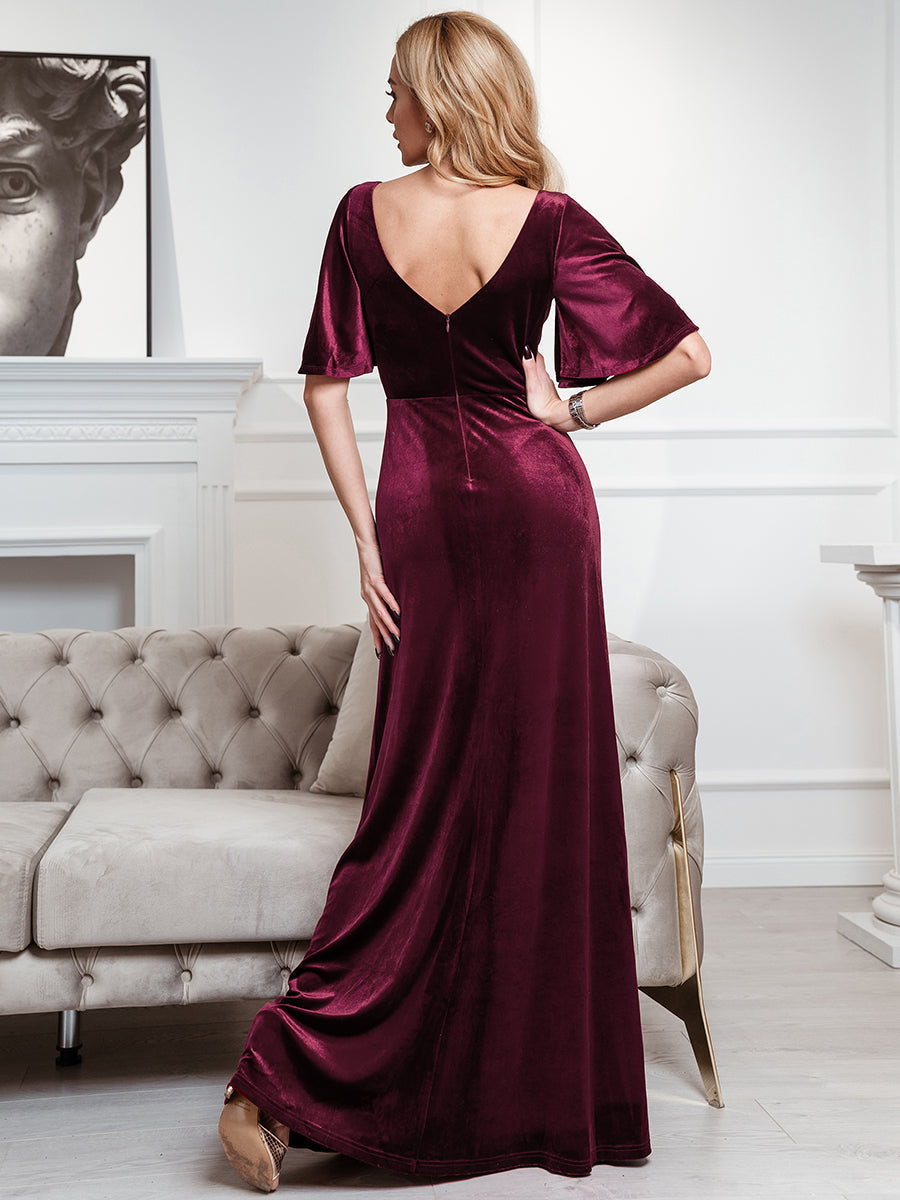 Elegant Brick-Red Velvet Evening Dress with Ruffles Sleeves for Women