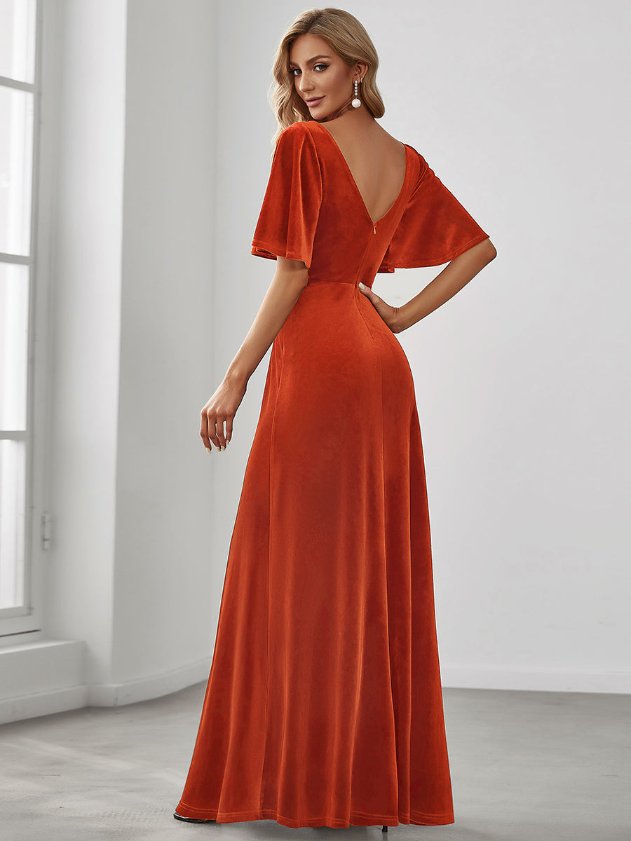 Elegant Brick-Red Velvet Evening Dress with Ruffles Sleeves for Women