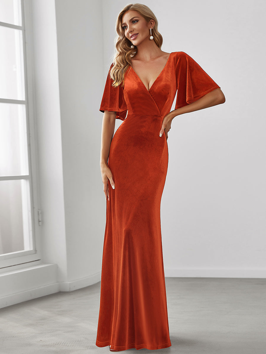 Elegant Brick-Red Velvet Evening Dress with Ruffles Sleeves for Women