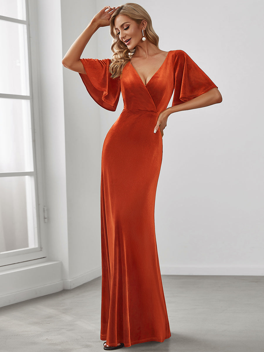 Elegant Brick-Red Velvet Evening Dress with Ruffles Sleeves for Women