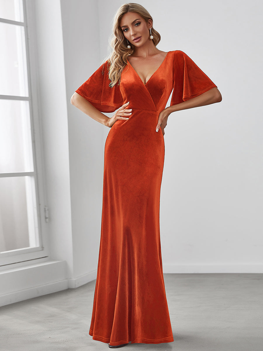 Elegant Brick-Red Velvet Evening Dress with Ruffles Sleeves for Women