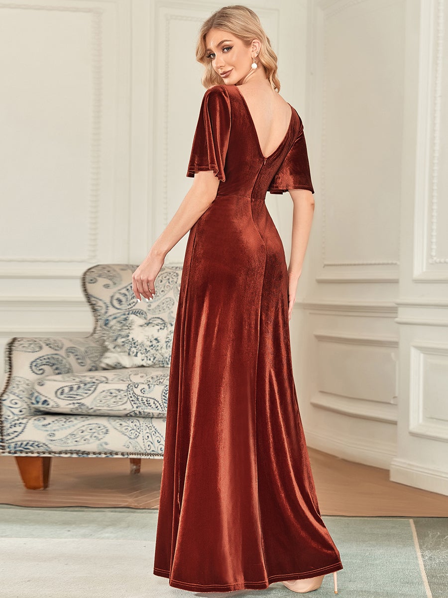 Elegant Brick-Red Velvet Evening Dress with Ruffles Sleeves for Women