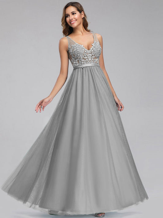 Floral Lace V-Neck A-Line Bridesmaid Dress with Appliques