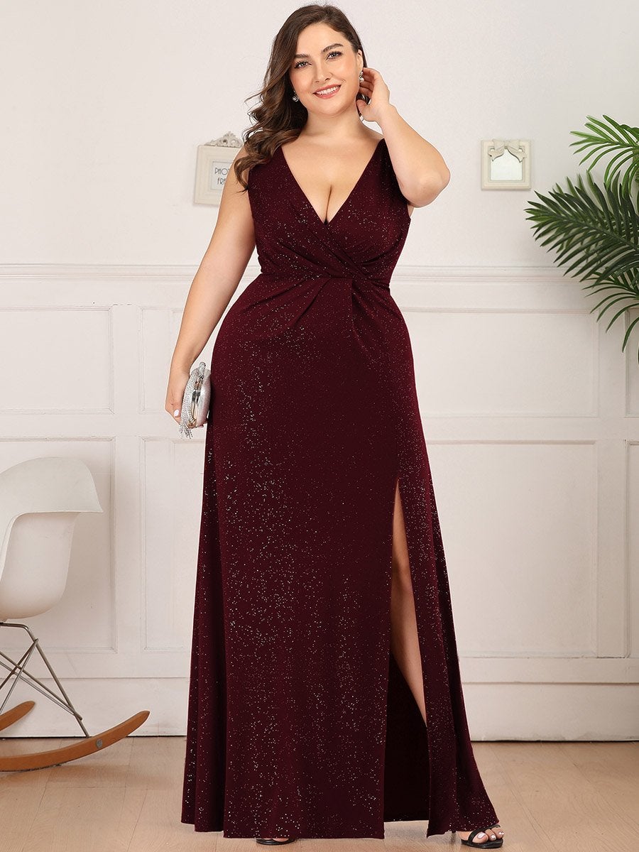 Shimmery V Neck Evening Gown with Side Split in Floor Length