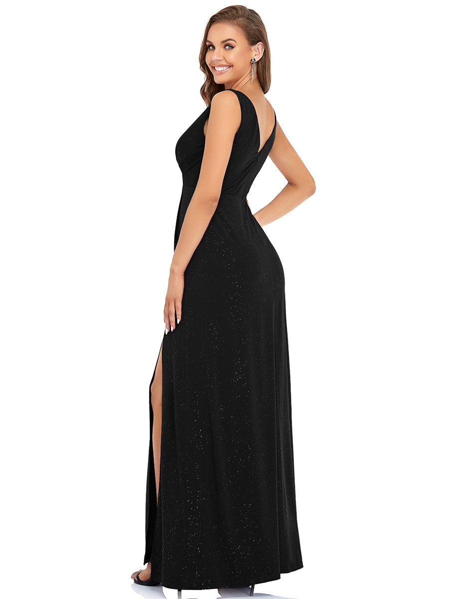 Shimmery V Neck Evening Gown with Side Split in Floor Length