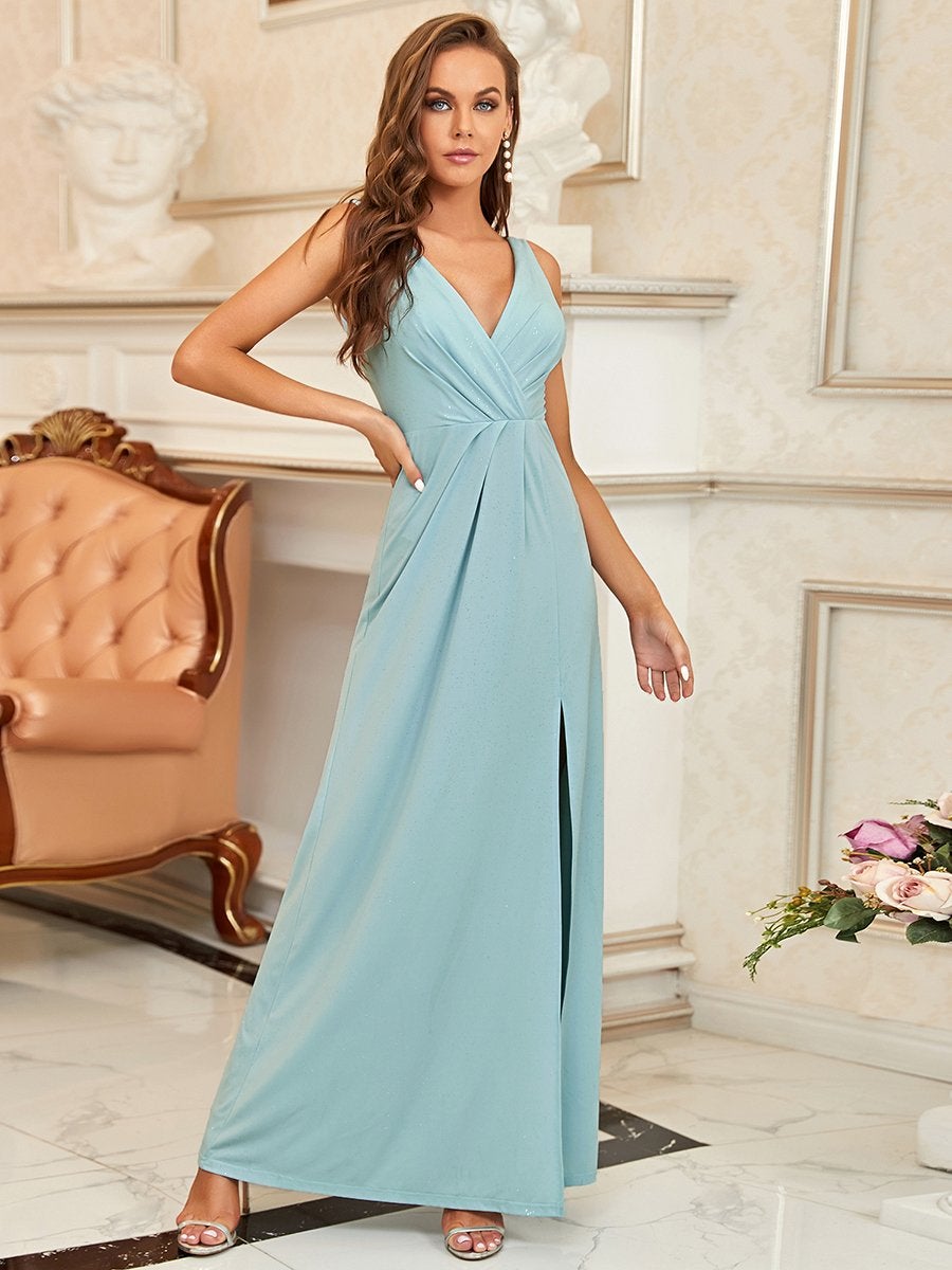 Shimmery V Neck Evening Gown with Side Split in Floor Length