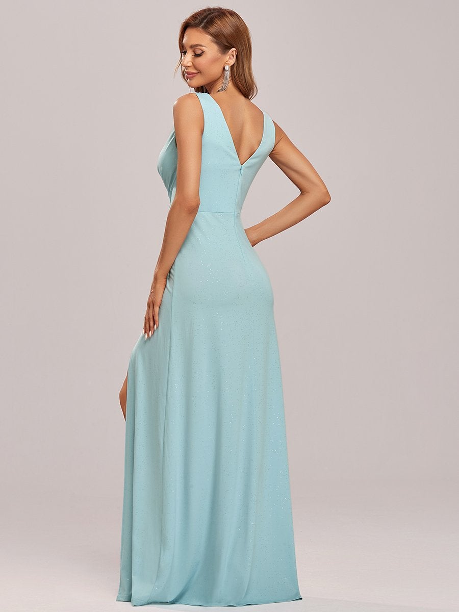 Shimmery V Neck Evening Gown with Side Split in Floor Length