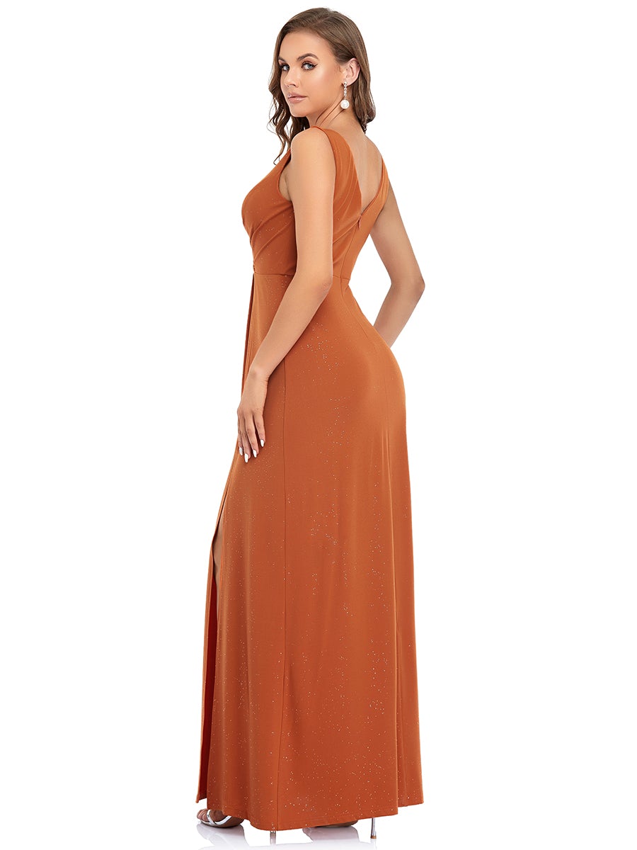 Shimmery V Neck Evening Gown with Side Split in Floor Length