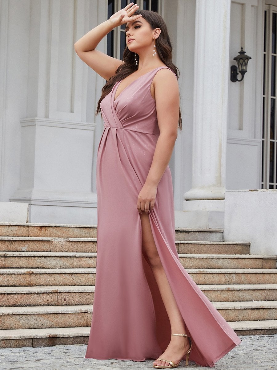 Shimmery V Neck Evening Gown with Side Split in Floor Length