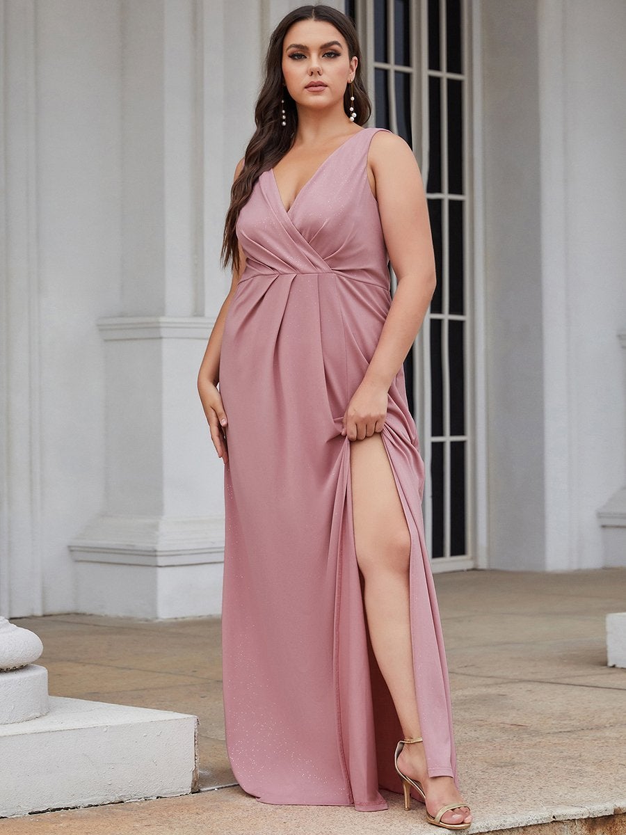 Shimmery V Neck Evening Gown with Side Split in Floor Length