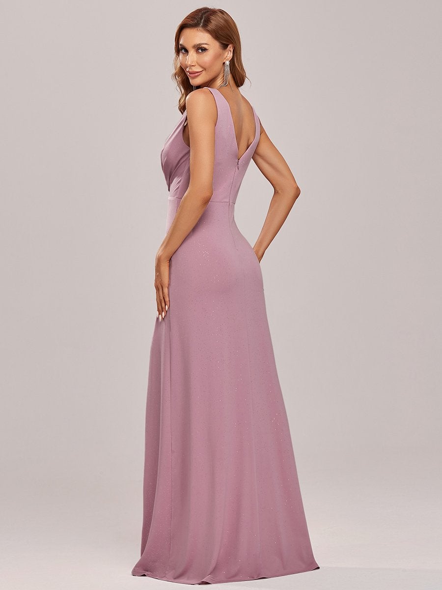 Shimmery V Neck Evening Gown with Side Split in Floor Length