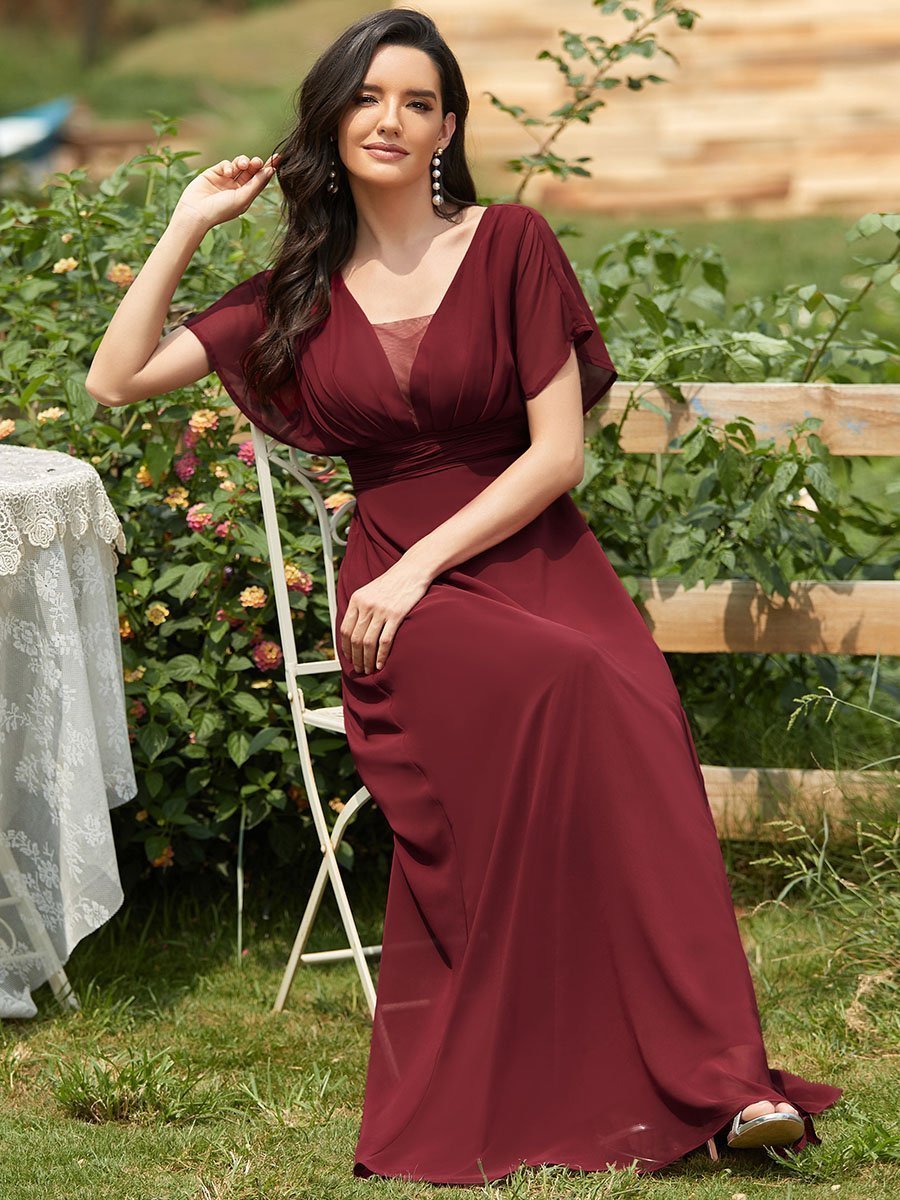 Classic Flowy A-Line Maxi Dress with V-Neckline and Ruffle Sleeves