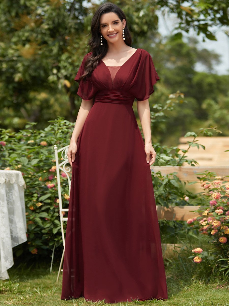 Classic Flowy A-Line Maxi Dress with V-Neckline and Ruffle Sleeves