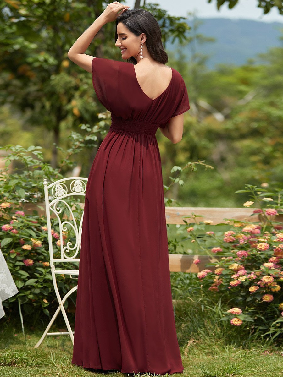 Classic Flowy A-Line Maxi Dress with V-Neckline and Ruffle Sleeves