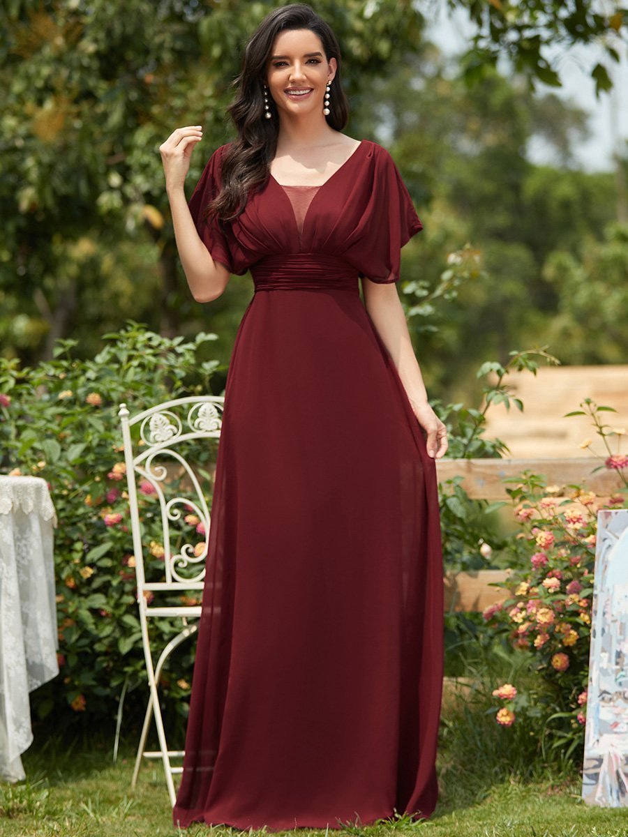 Classic Flowy A-Line Maxi Dress with V-Neckline and Ruffle Sleeves