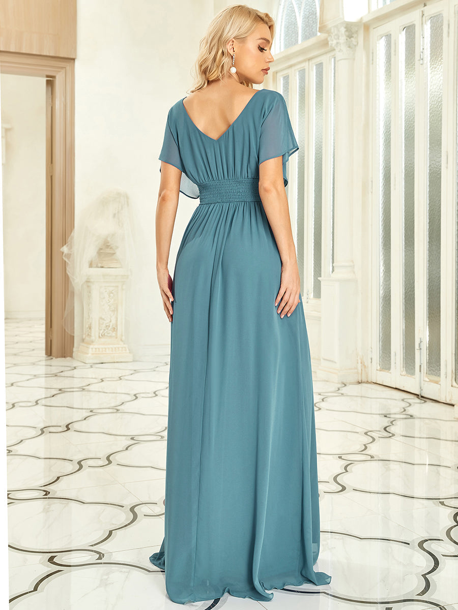 Classic Flowy A-Line Maxi Dress with V-Neckline and Ruffle Sleeves