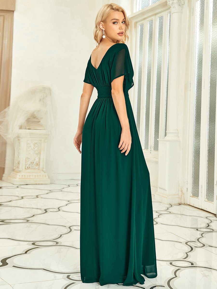 Classic Flowy A-Line Maxi Dress with V-Neckline and Ruffle Sleeves