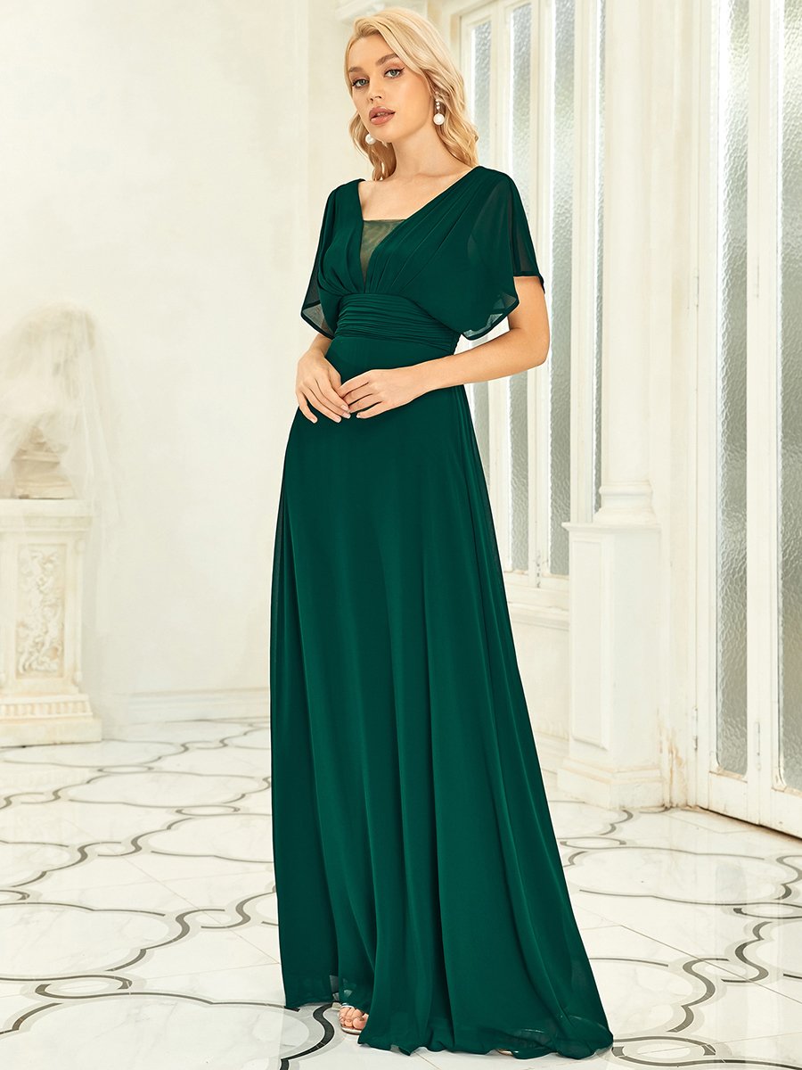 Classic Flowy A-Line Maxi Dress with V-Neckline and Ruffle Sleeves