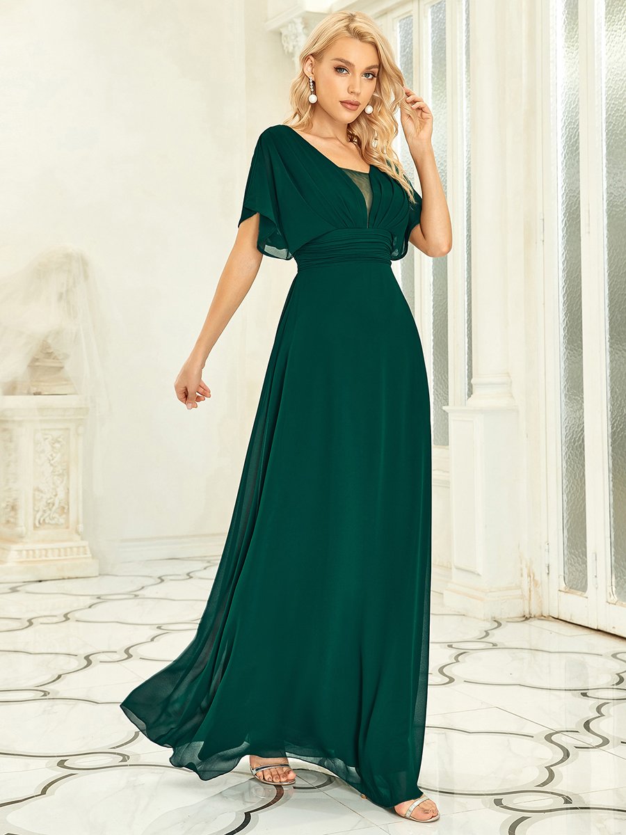 Classic Flowy A-Line Maxi Dress with V-Neckline and Ruffle Sleeves