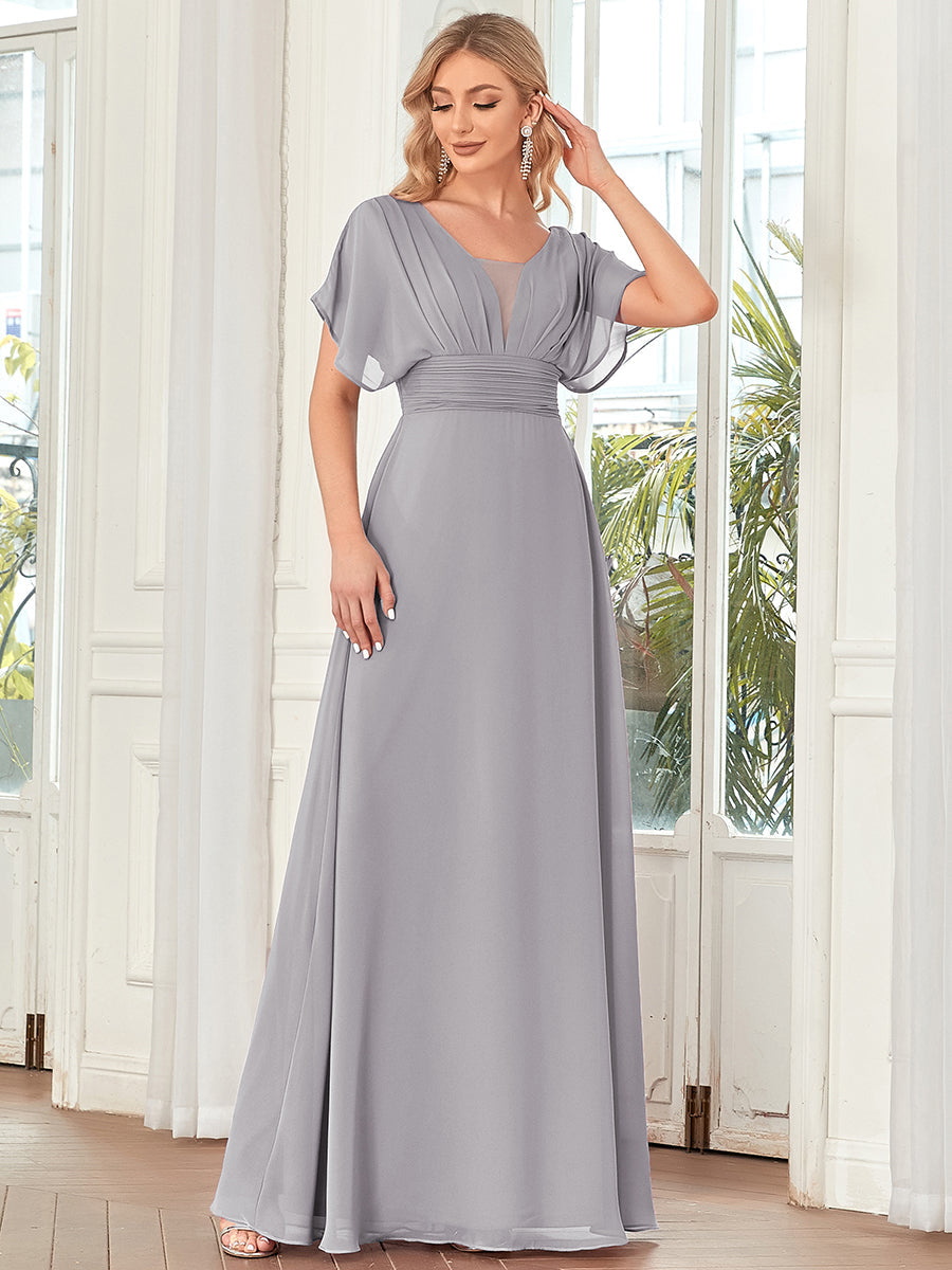 Classic Flowy A-Line Maxi Dress with V-Neckline and Ruffle Sleeves