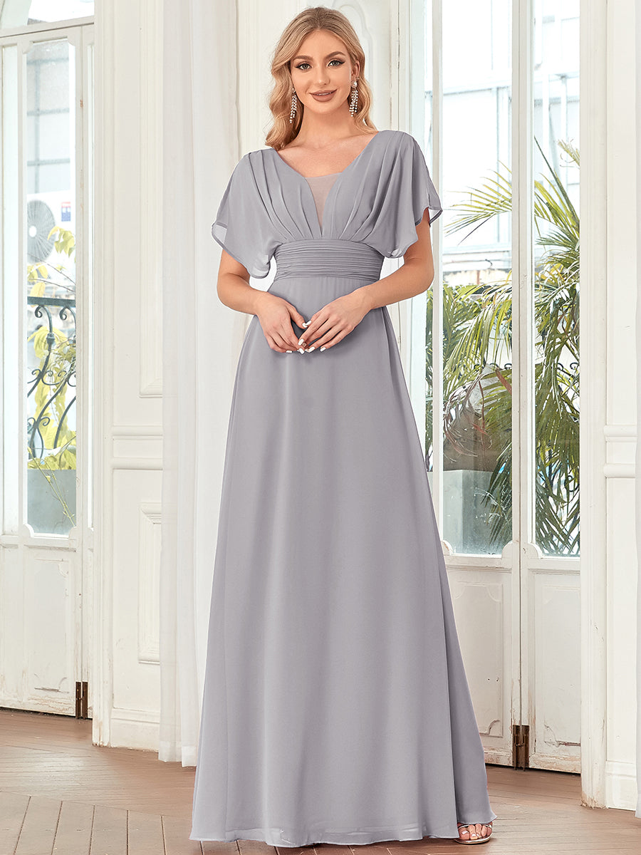 Classic Flowy A-Line Maxi Dress with V-Neckline and Ruffle Sleeves