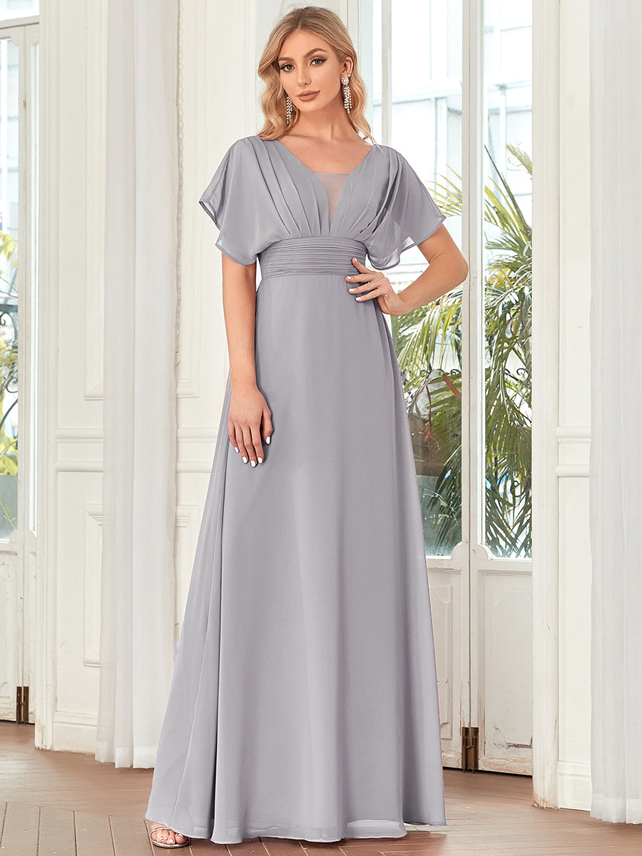 Classic Flowy A-Line Maxi Dress with V-Neckline and Ruffle Sleeves