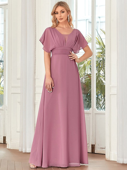 Classic Flowy A-Line Maxi Dress with V-Neckline and Ruffle Sleeves