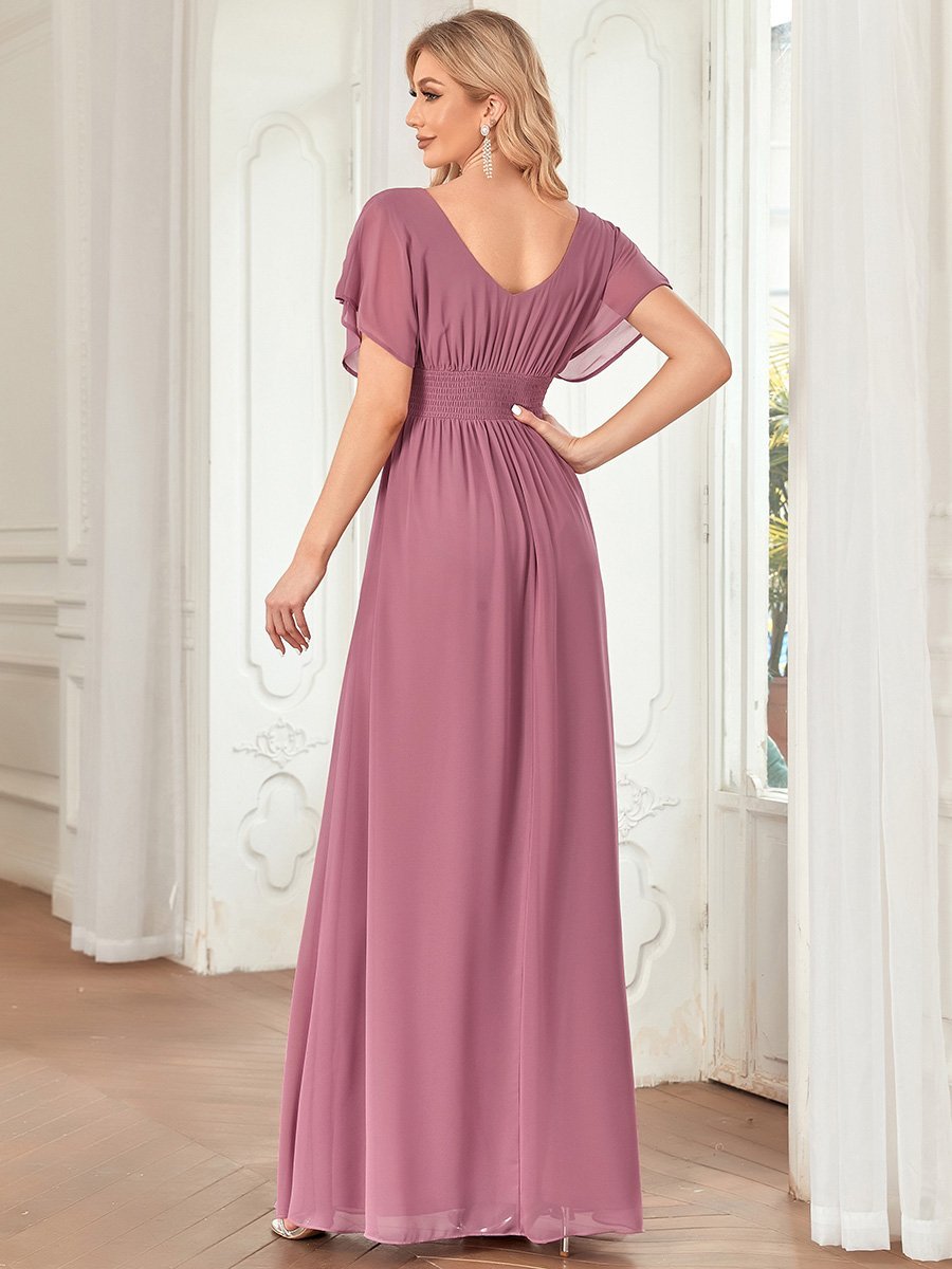 Classic Flowy A-Line Maxi Dress with V-Neckline and Ruffle Sleeves