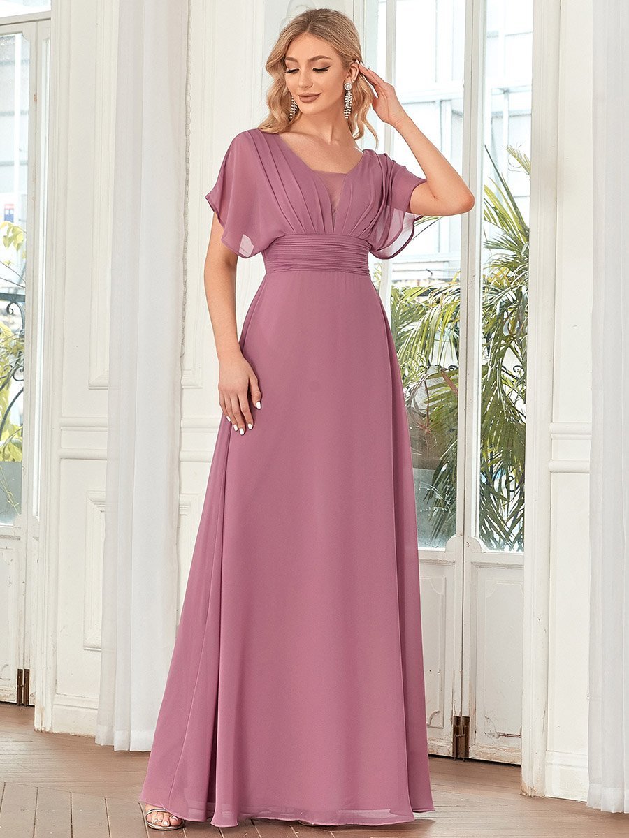 Classic Flowy A-Line Maxi Dress with V-Neckline and Ruffle Sleeves