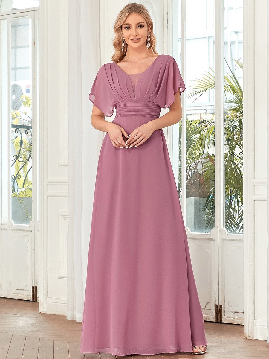 Classic Flowy A-Line Maxi Dress with V-Neckline and Ruffle Sleeves