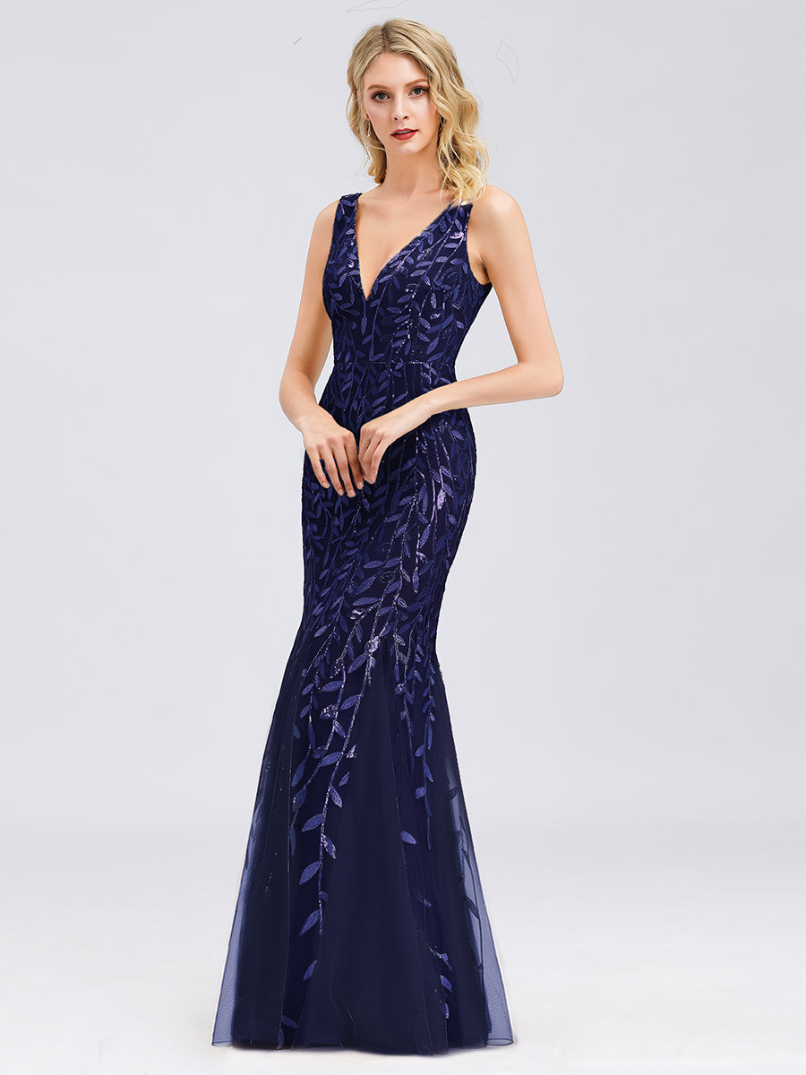 Elegant Sequined V-Neck Mermaid Evening Gown