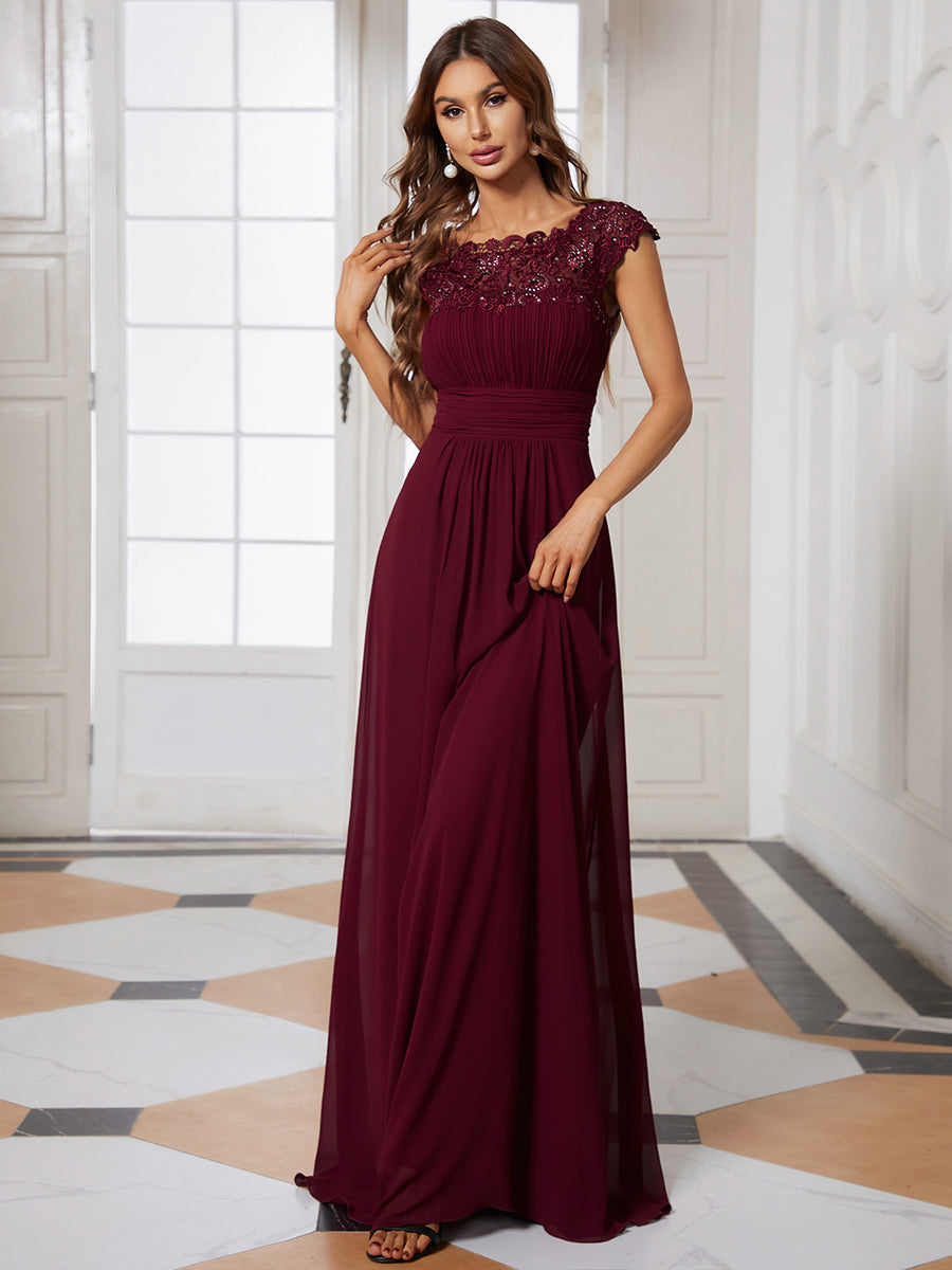 Chic Lace Cap Sleeve Evening Gown with Ruched Waist and Open Back