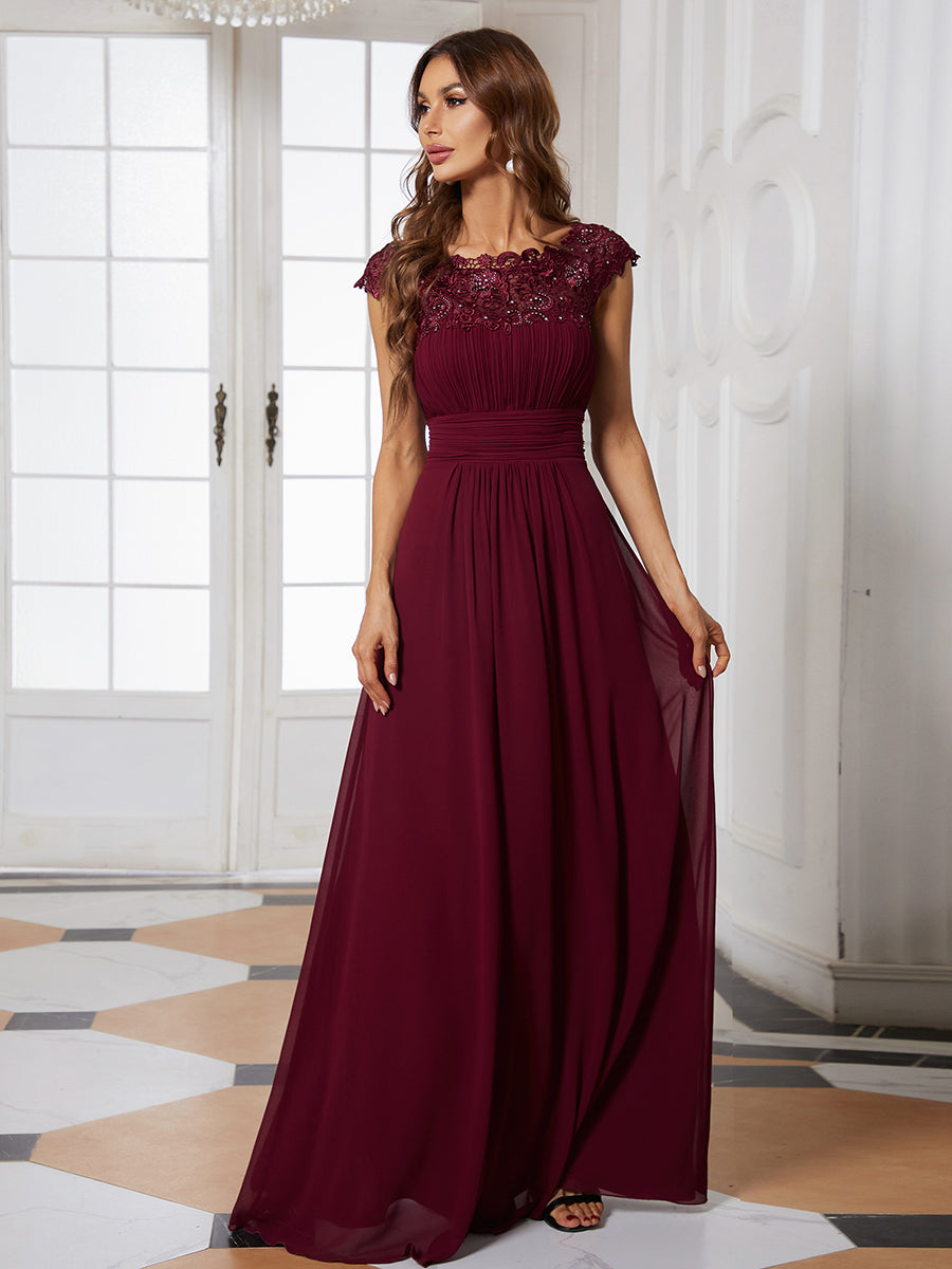 Chic Lace Cap Sleeve Evening Gown with Ruched Waist and Open Back