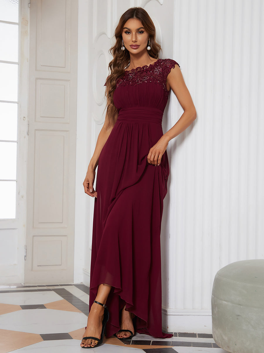 Chic Lace Cap Sleeve Evening Gown with Ruched Waist and Open Back