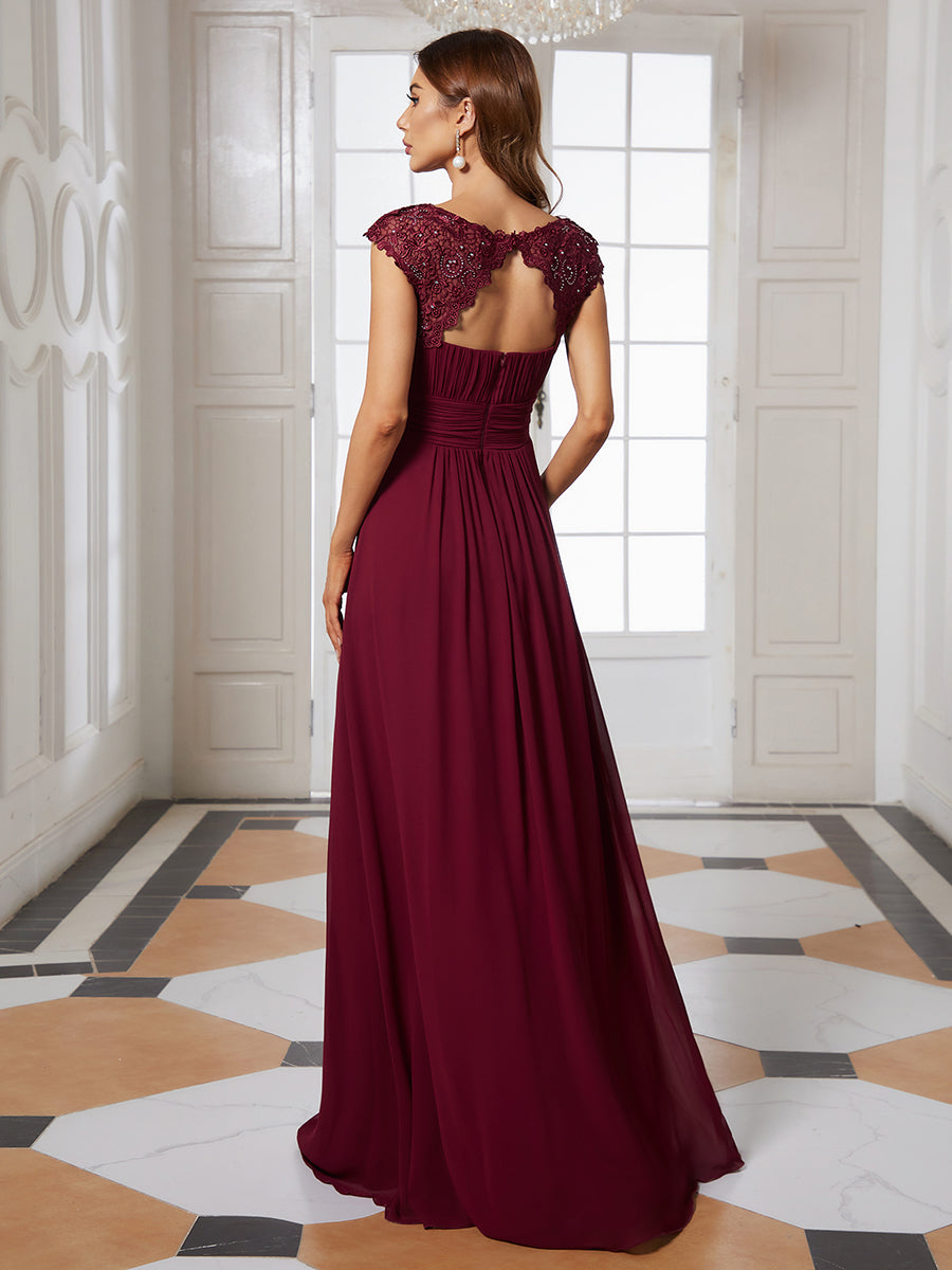 Chic Lace Cap Sleeve Evening Gown with Ruched Waist and Open Back