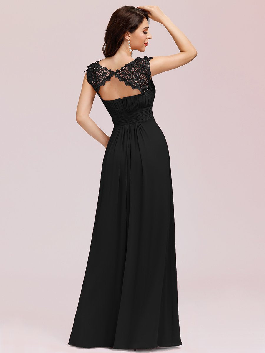 Chic Lace Cap Sleeve Evening Gown with Ruched Waist and Open Back