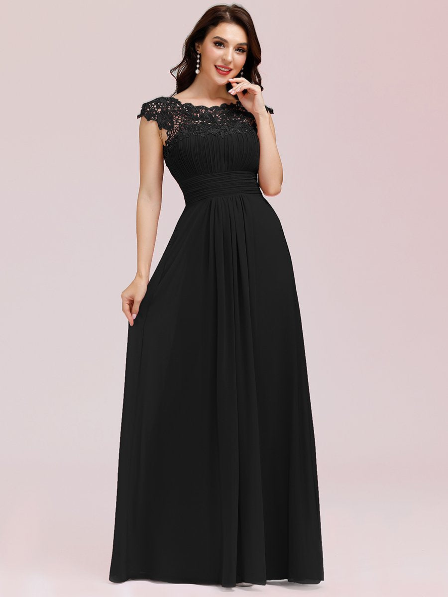 Chic Lace Cap Sleeve Evening Gown with Ruched Waist and Open Back