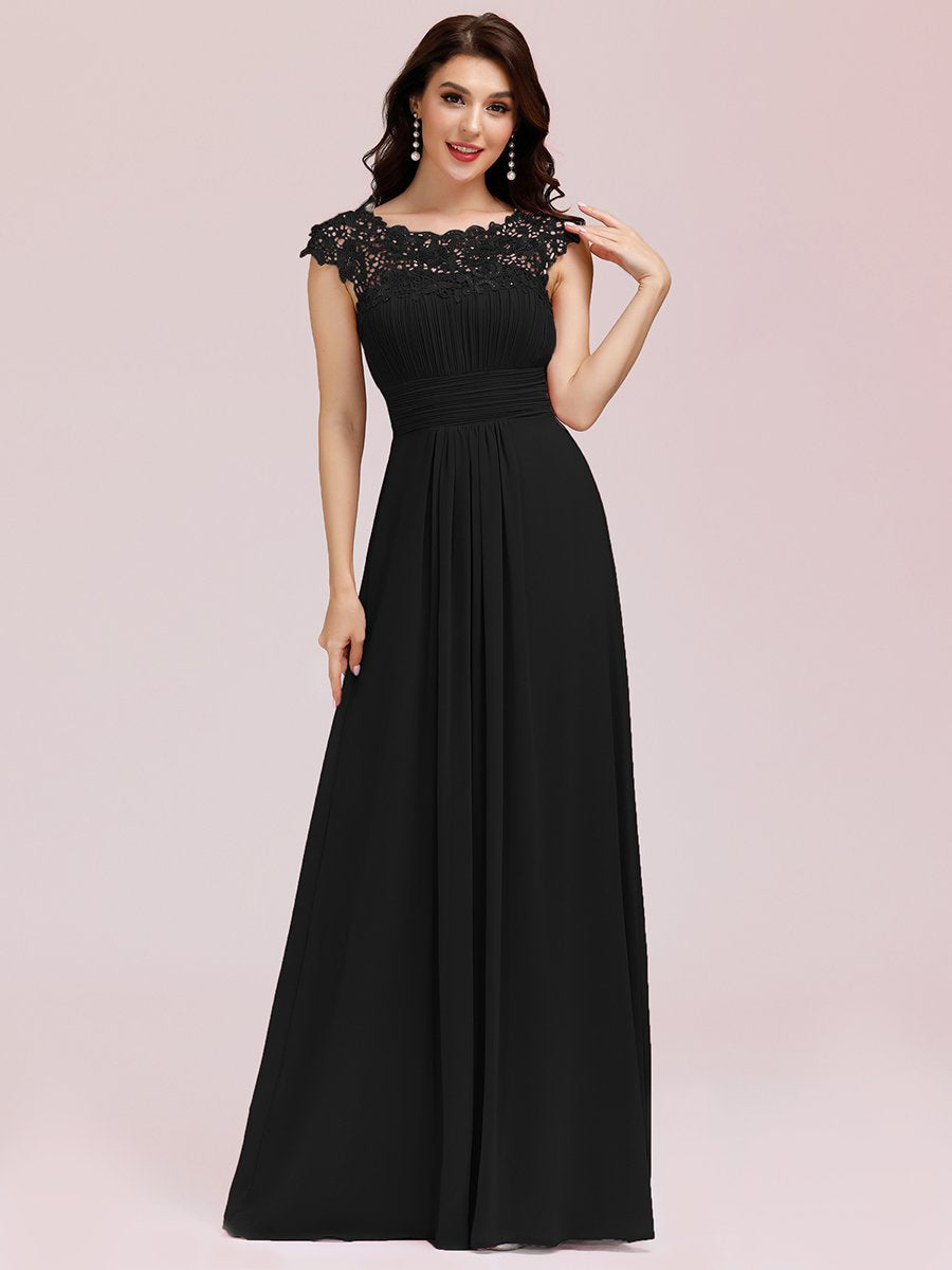 Chic Lace Cap Sleeve Evening Gown with Ruched Waist and Open Back