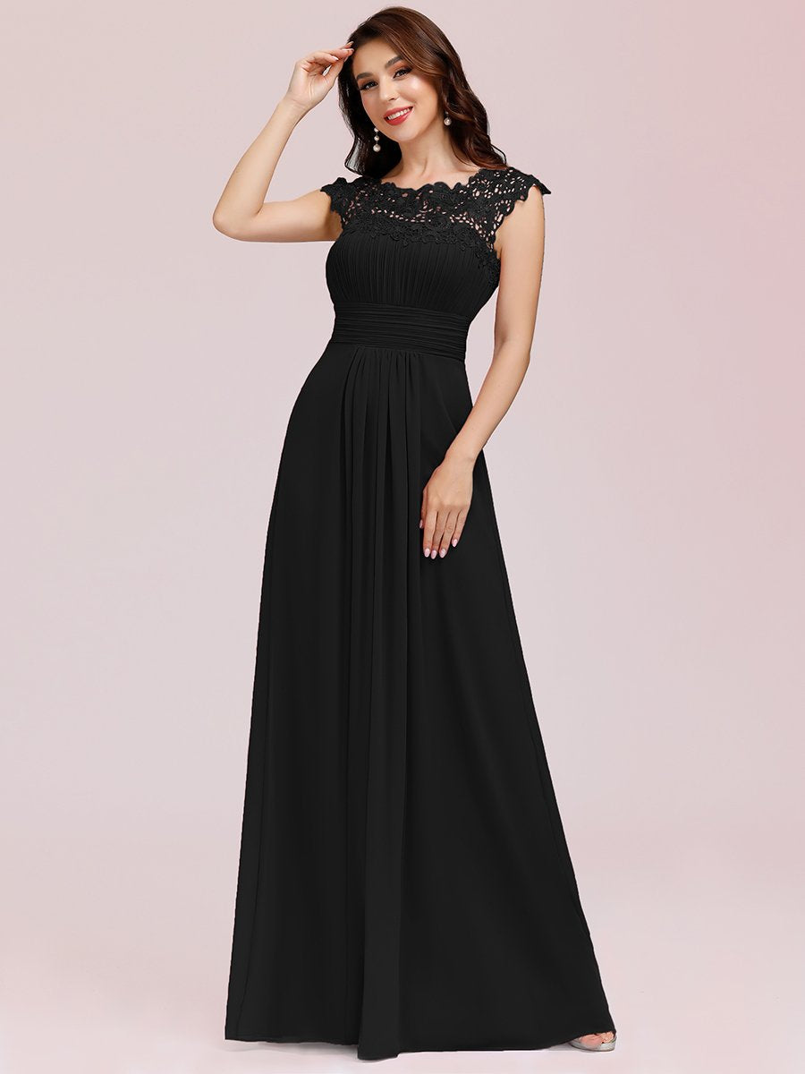 Chic Lace Cap Sleeve Evening Gown with Ruched Waist and Open Back