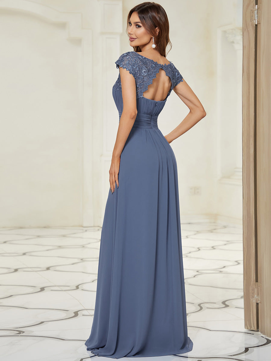 Chic Lace Cap Sleeve Evening Gown with Ruched Waist and Open Back