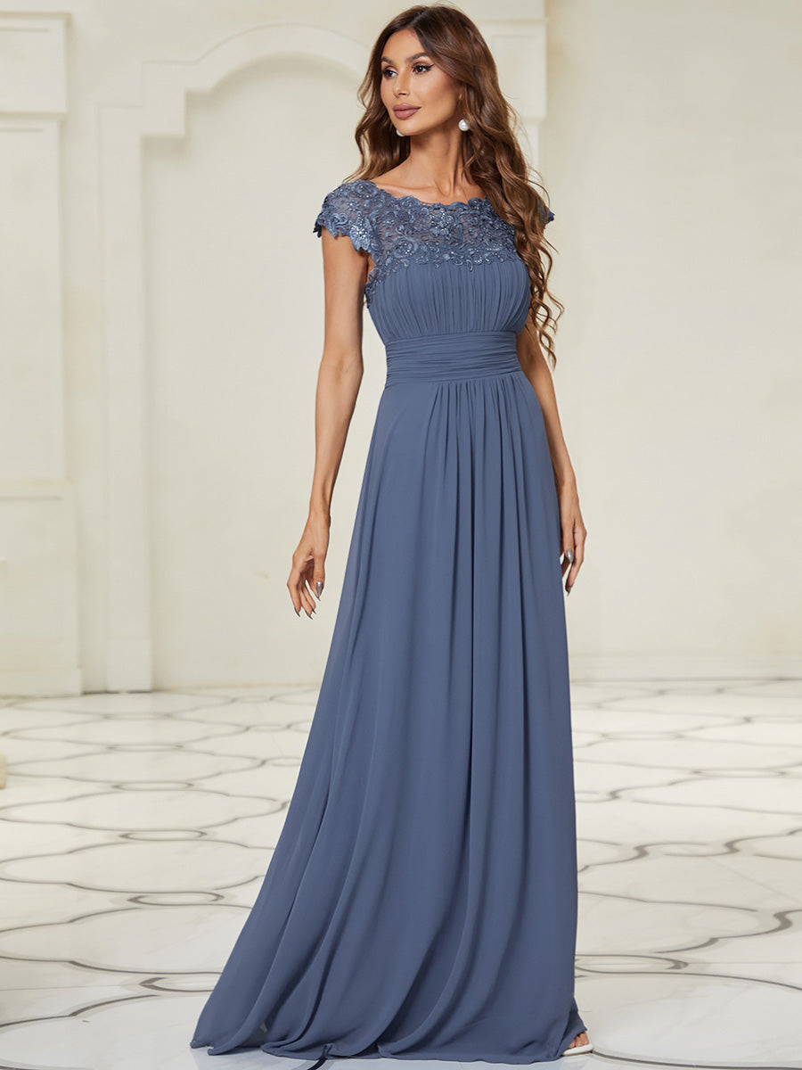 Chic Lace Cap Sleeve Evening Gown with Ruched Waist and Open Back