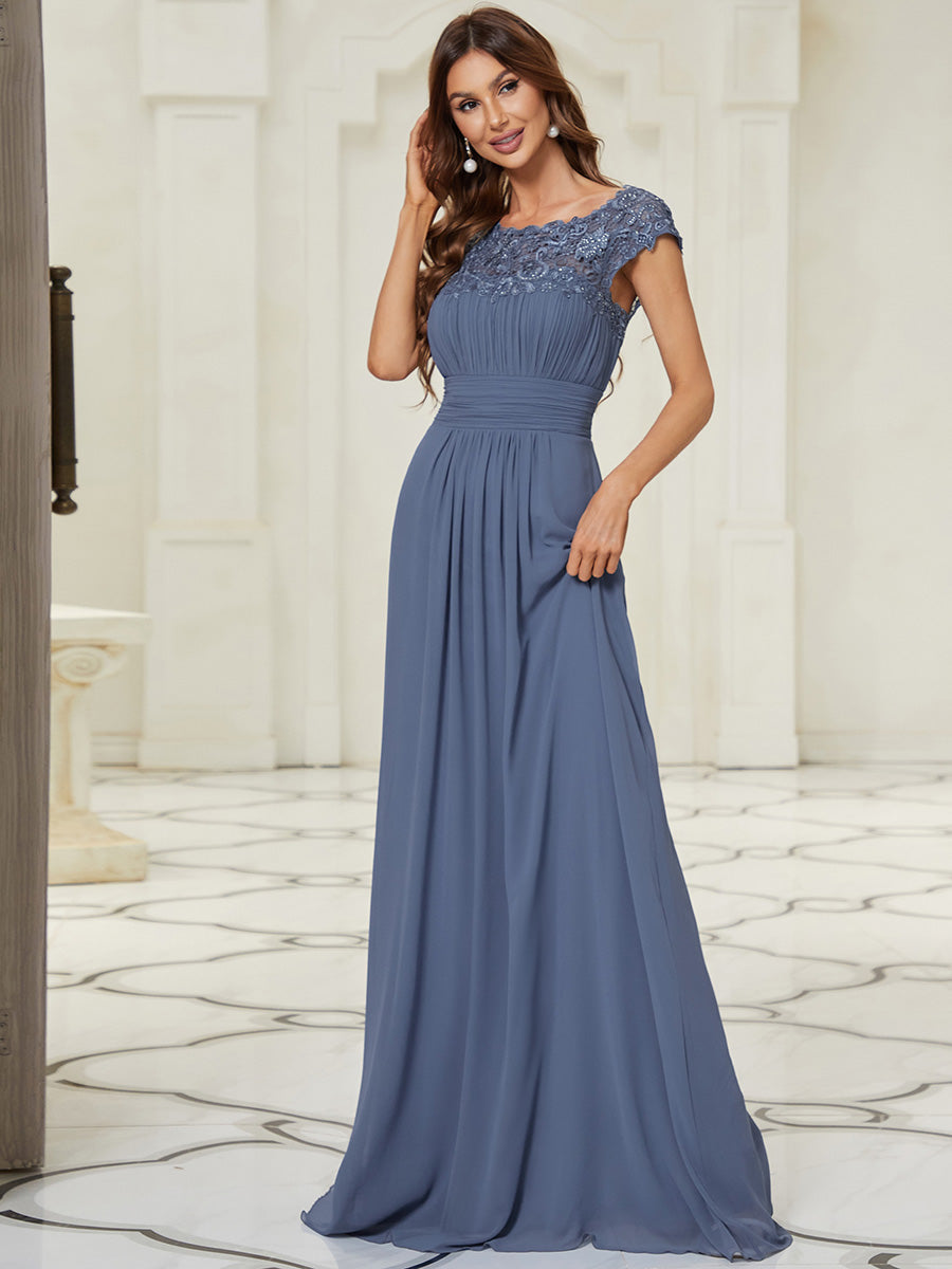 Chic Lace Cap Sleeve Evening Gown with Ruched Waist and Open Back