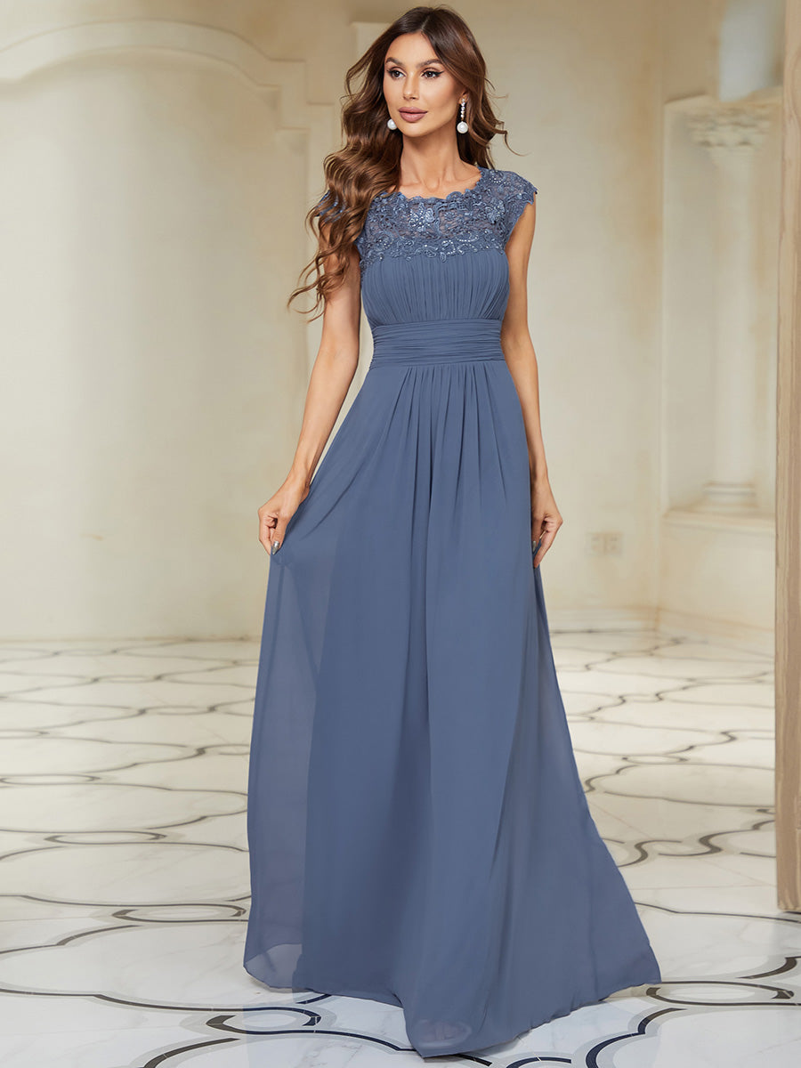 Chic Lace Cap Sleeve Evening Gown with Ruched Waist and Open Back