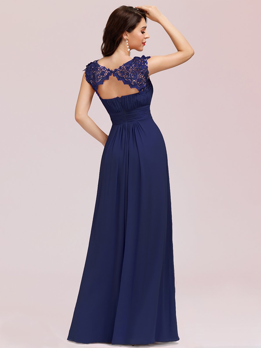 Chic Lace Cap Sleeve Evening Gown with Ruched Waist and Open Back